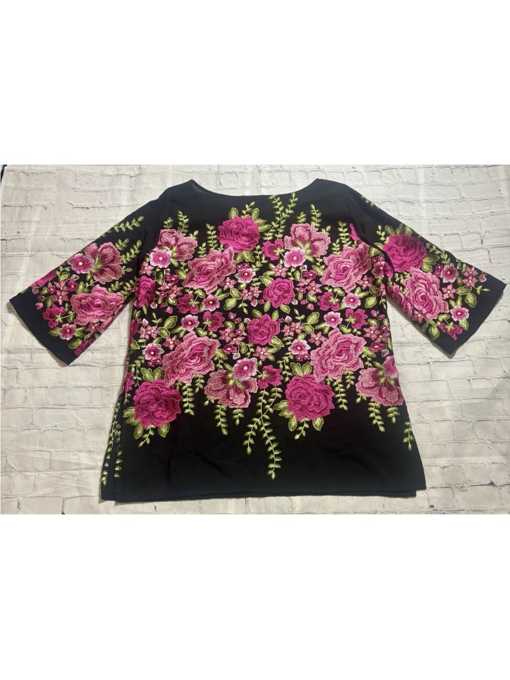 Karen Kane Black Pink Green Floral Embroidered 3/4 Sleeve Side Slits Tunic XL - Picture 10 of 12